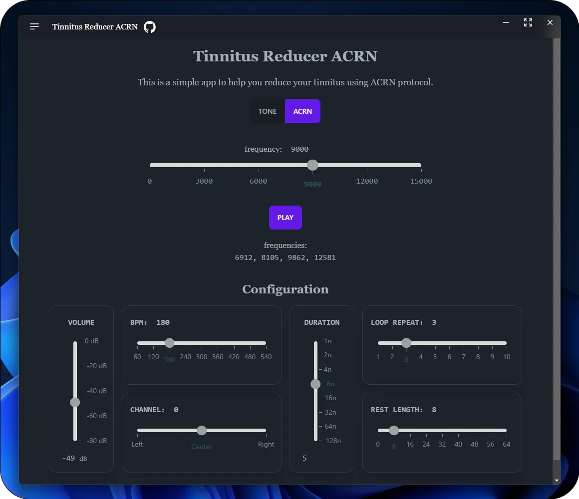Tinnitus Reducer ACRNの画面